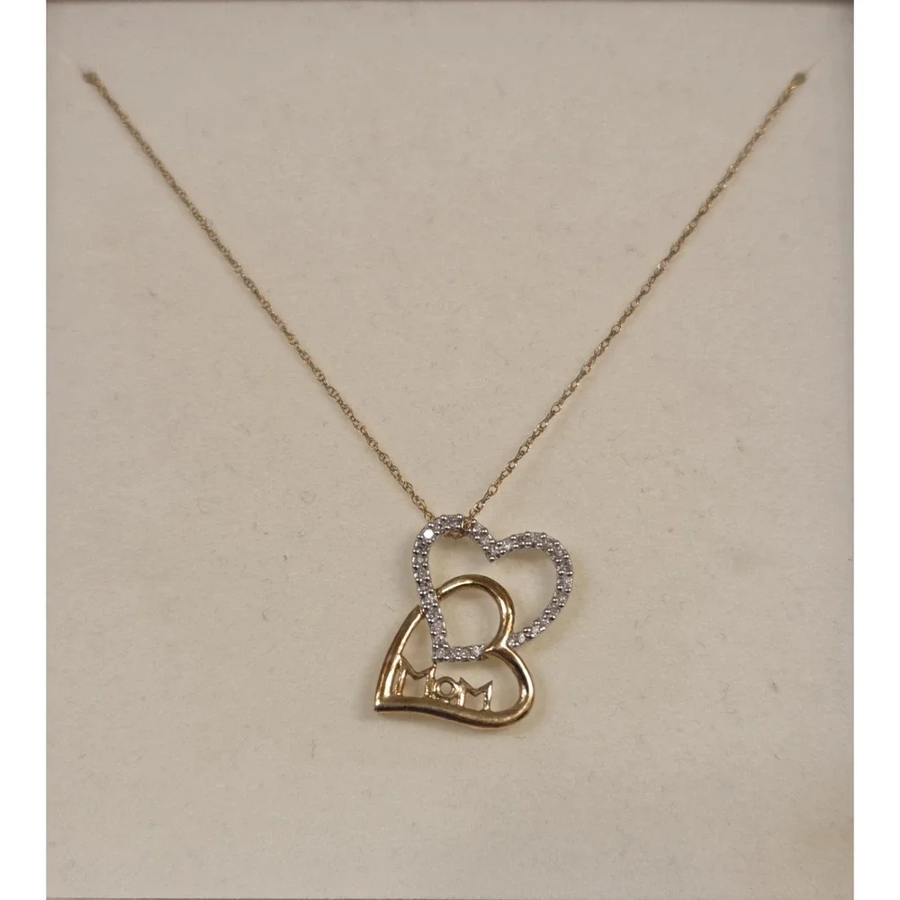 New Piercing‎ Pagoda 10k Gold 1/10 CTW Diamond Double Heart Mom Necklace 18